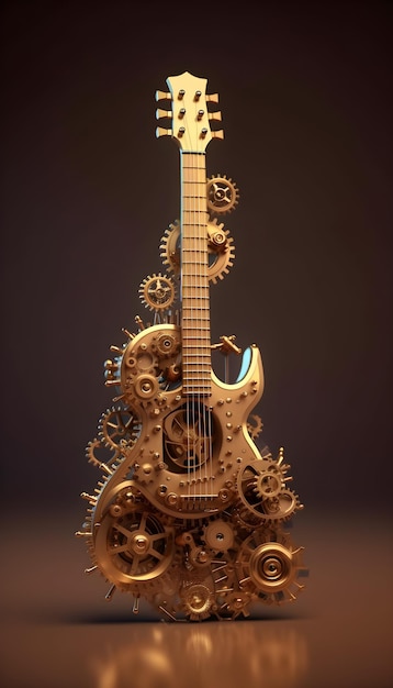 Une guitare faite d'engrenages avec le mot musique dessus