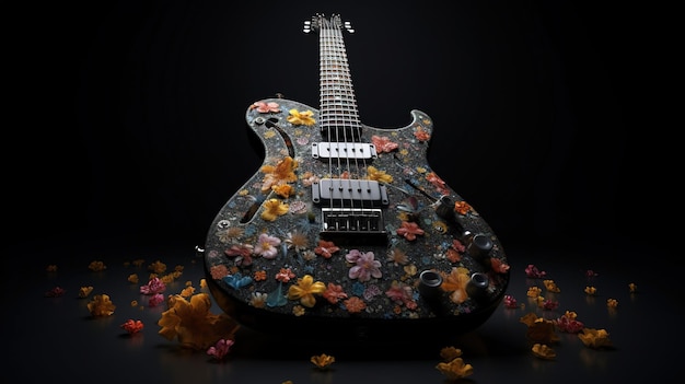 Une guitare avec des fleurs dessus dans le noir