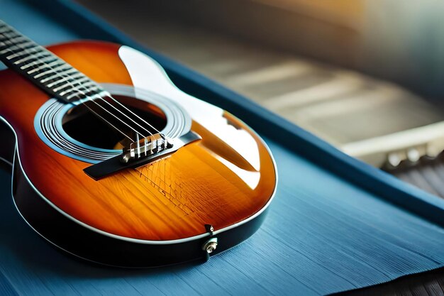 Une guitare avec un fond bleu et une nappe bleue.