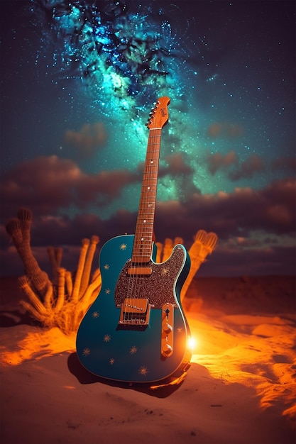 Guitare en fond de dessert avec lumières et cactus