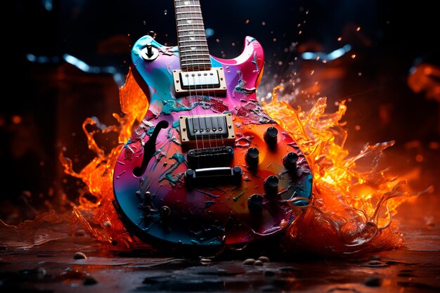 Photo guitare avec fumée et flammes techniques mixtes