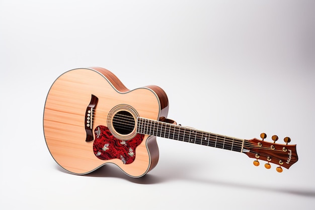 une guitare avec une garniture rouge est assise sur une surface blanche