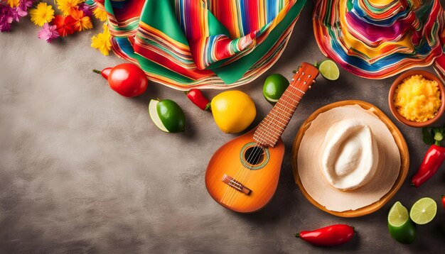 Photo une guitare et une guitare sont sur une table avec des fruits et des légumes