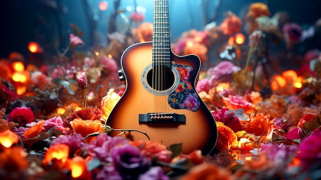 Une guitare sur un magnifique fond floral
