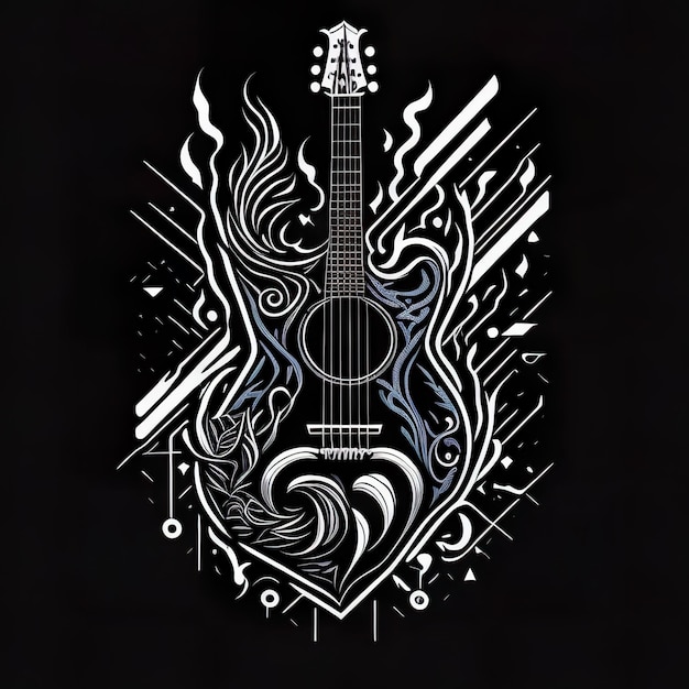 Photo une guitare avec un motif de flamme est sur un fond noir.