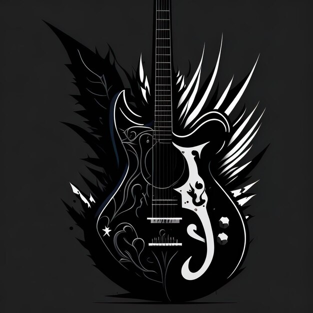 Une guitare noire et blanche avec une plume dessus