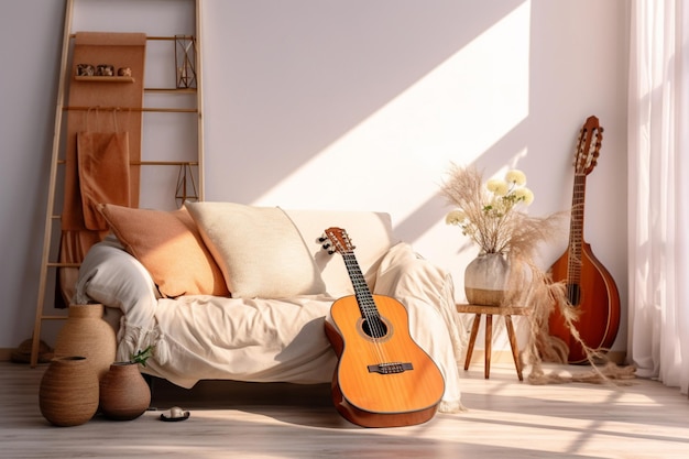 Une guitare orne l'intérieur moderne et accueillant du salon confortable.