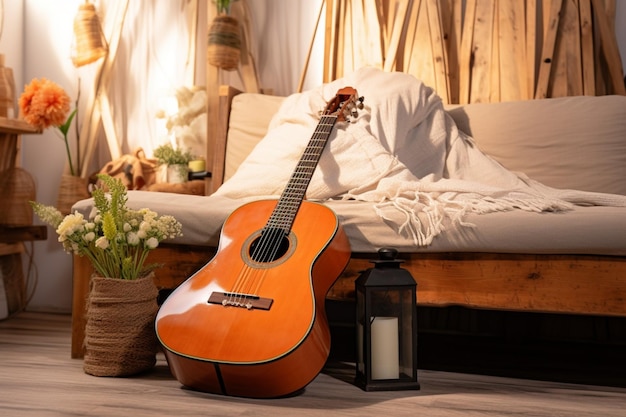 Une guitare orne l'intérieur moderne et accueillant du salon confortable.