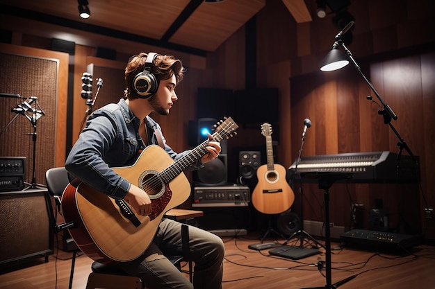 Guitare photo acoustique en studio d'enregistrement