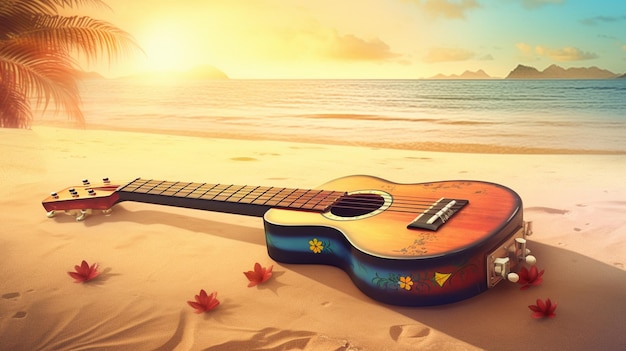 Une guitare sur la plage avec un coucher de soleil en arrière-plan