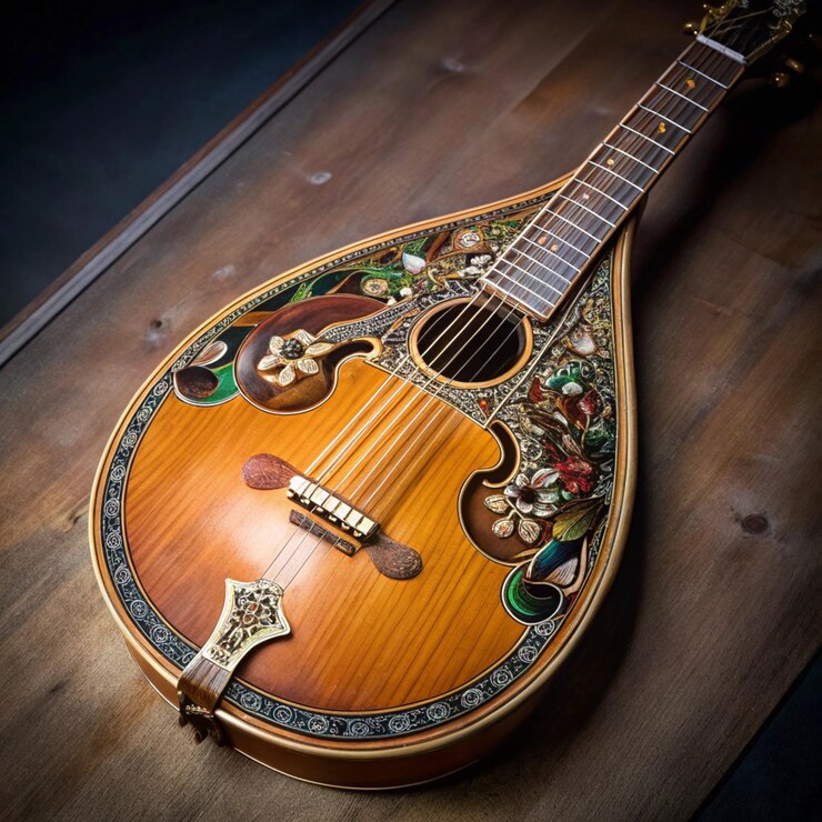 une guitare avec une poignée en bois et un dessin sur le devant