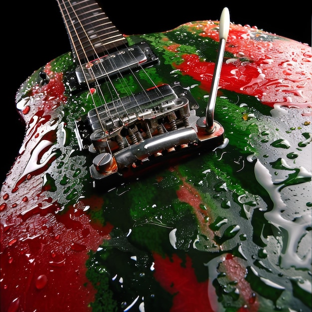 Guitare recouverte de peinture verte et rouge
