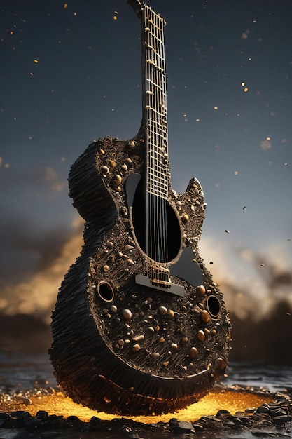 une guitare avec un reflet du ciel en arrière-plan