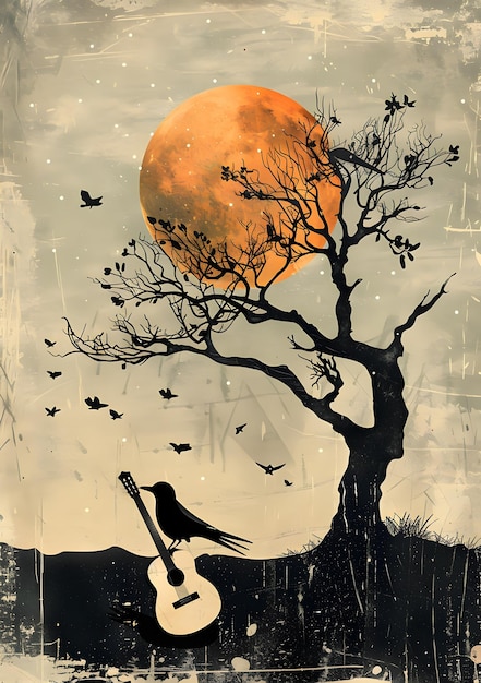 Guitare reposant sous un arbre avec la pleine lune en arrière-plan dans un paysage naturel