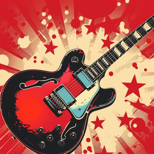 une guitare rouge et noire avec un arrière-plan rouge avec un fond rouge avec une étoile dessus