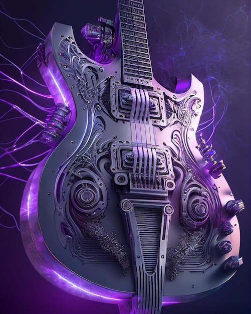 Une guitare violette avec des lumières violettes et un fond violet