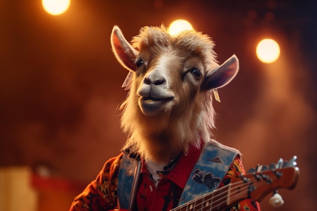 Un guitariste de chèvre joue de la guitare devant un fond rouge.