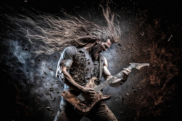 Guitariste de heavy metal jouant un solo intense et rapide dans une arène bondée