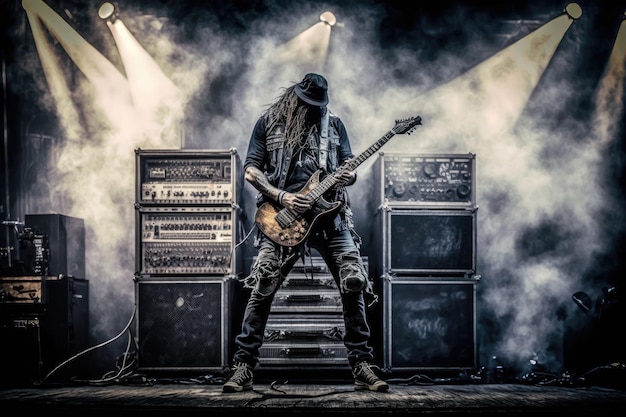 Photo guitariste de heavy metal avec sa guitare et son ampli montés sur scène prêts à jouer