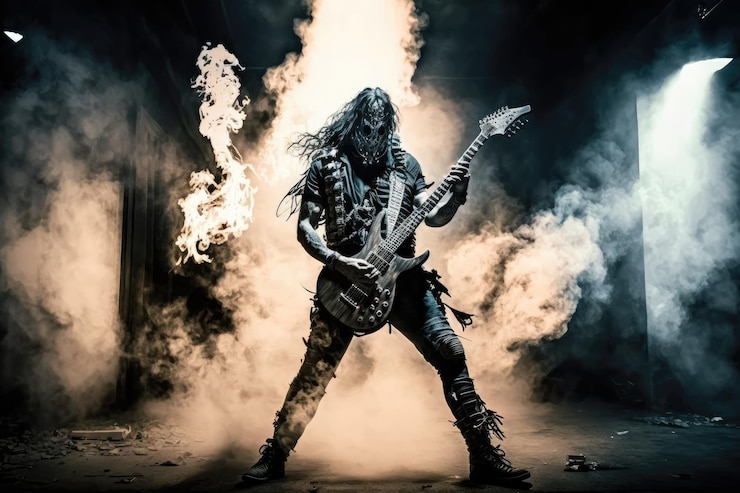 Photo guitariste de heavy metal avec sa guitare et son équipement se produisant dans une pièce enfumée