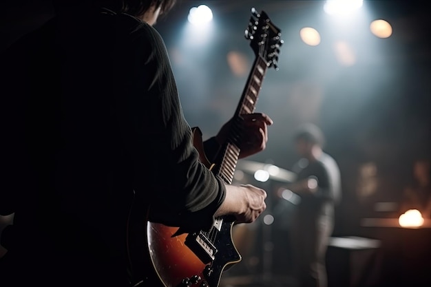 Guitariste jouant de la guitare électrique lors d'un concert dans une boîte de nuit Un guitariste en vue arrière jouant de l'IA générée