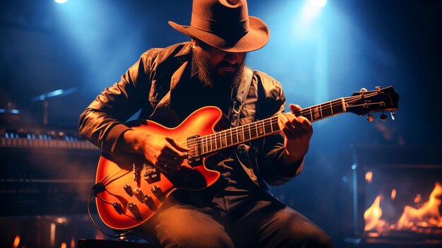 Le guitariste joue de la guitare acoustique sur scène en pinçant les cordes