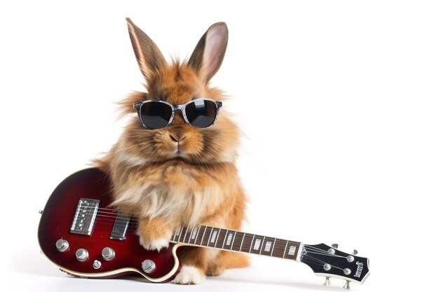 Guitariste lapin jaune avec guitare bordeaux et lunettes de soleil sombres Studio tourné sur fond blanc