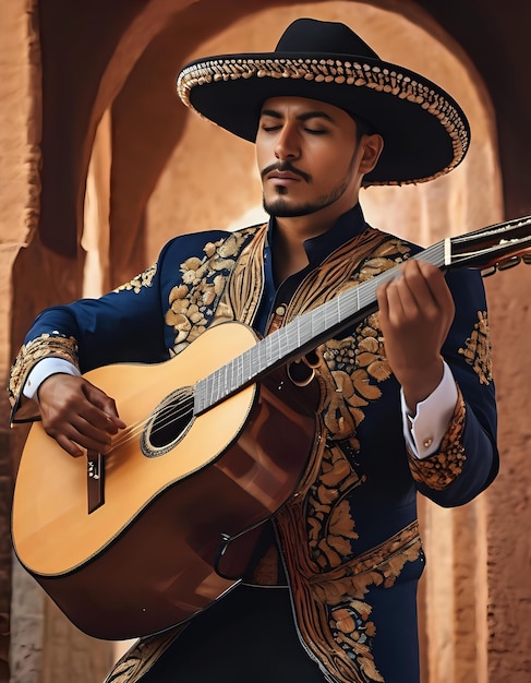 Un guitariste de mariachi qui joue avec précision et habileté