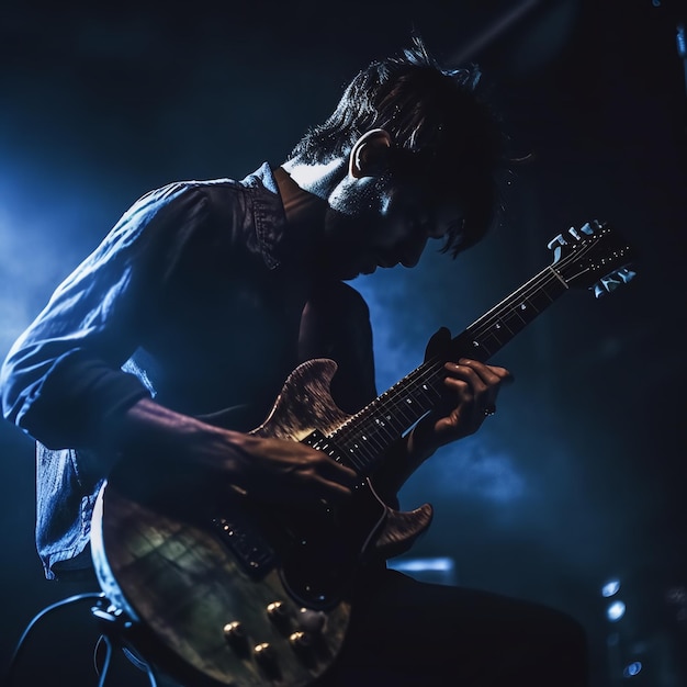 Guitariste professionnel jouant de la guitare avec un fond sombre