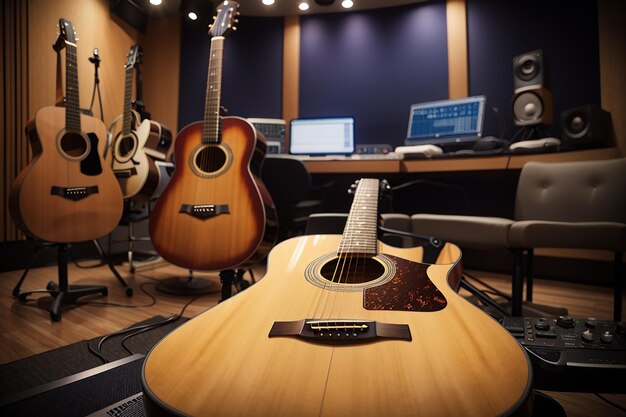 Photo guitarre photo acoustique dans un studio d'enregistrement