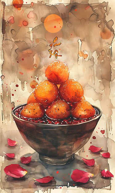 Gulab Jamun Sirop sucré et pétales de rose Décoration riche et illustration Nourriture Boisson Arômes indiens