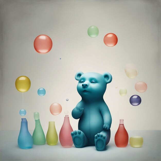 Photo gummy bear jouant avec une bulle de savon
