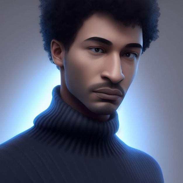 Guy afro 3D super réaliste avec chemise à col roulé regardant le concept d'illustration de la caméra