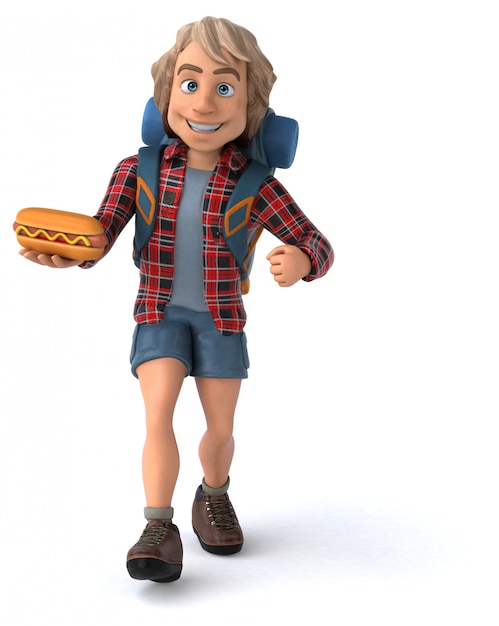 Guy de dessin animé de routard amusant avec hot-dog