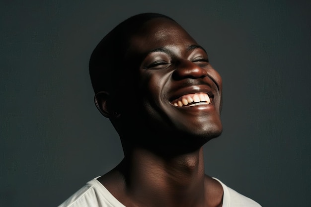 Guy modèle afro-américain rire sans regarder la caméra dans un fond sombre