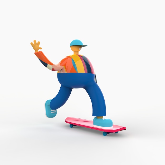 Guy de skateboard de personnage 3D en style cartoon. Illustration de rendu 3D