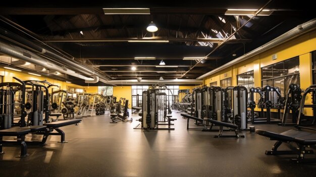 Un gymnase avec un grand miroir qui dit que le gymnase est ouvert.