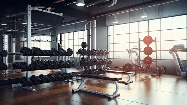 Gymnase léger moderne Équipements sportifs dans la salle de gym Haltères de poids différents sur rack