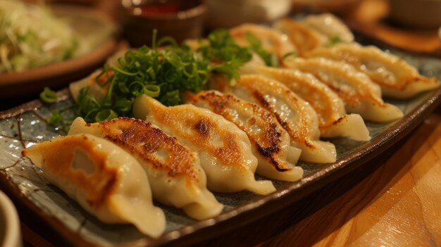 Gyoza Panfried boulettes croustillantes d'un côté et remplies d'un délicieux mélange de viande et de légumes