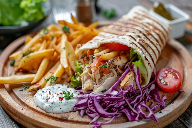 Photo gyro grec avec frites légumes viande de poulet et sauce au yogourt ia générative