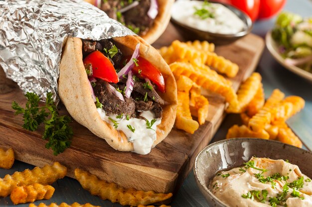 Photo gyro de viande fait maison avec tomates à la sauce tzatziki et frites