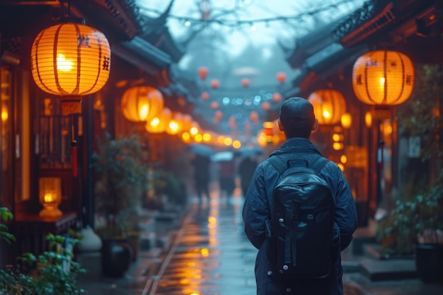 Un habitant de la région se promène le long d'une vieille rue japonaise avec des lanternes brillantes