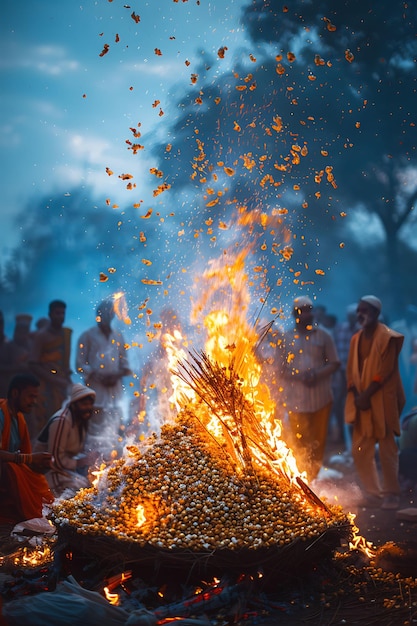 Les habitants allument des feux de joie traditionnels lors du festival de Lohri