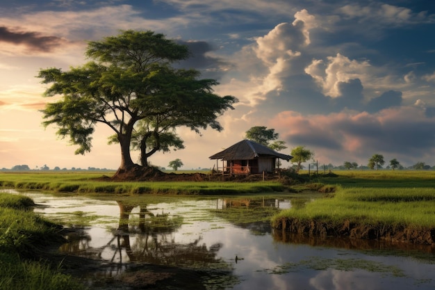 Une habitation rurale indienne typique entourée d'une herbe verte luxuriante et ornée d'une magnifique éclaboussure de ciel...