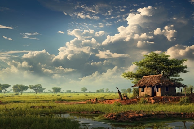 Une habitation rurale indienne typique entourée d'une herbe verte luxuriante et ornée d'une magnifique éclaboussure de ciel...