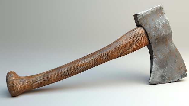 Une hache bien utilisée avec une poignée en bois et une lame en métal La hache est posée sur une surface blanche La poignée est en bois La lame est en métal