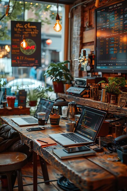 Hackathon Bitcoin dans un café avec des programmeurs et le concept de crypto-monnaie L Photo de fond