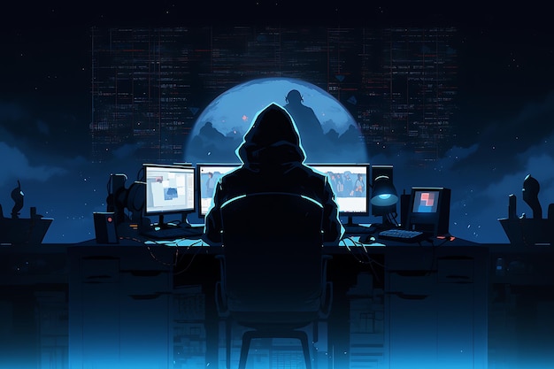 hacker assis devant le concept de cybersécurité informatique et antispyware généré par l'IA