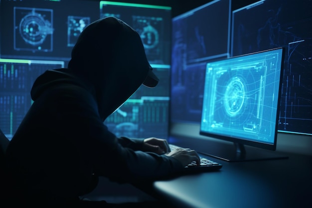 Hacker au bureau à l'aide d'un ordinateur portable avec un arrière-plan bleu flou d'entreprise numérique IA générative