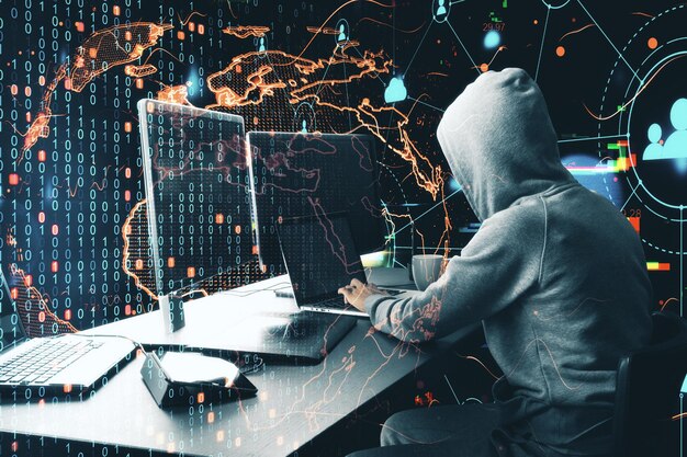 Hacker sur le bureau à l'aide d'un ordinateur portable avec oreille numérique